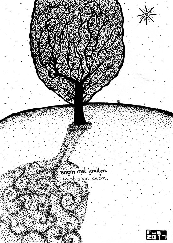 tekening: Boom met krullen en stippen en zon